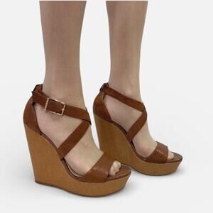 Gianni Bini Luggage Brown Crisscross Strappy Platform PeepToe Wedge Sandals Sz 9